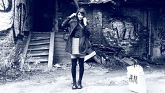 Graffiti woman monochrome stockings brunettes knee socks 