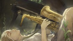 Grass anime girls closed eyes short hair black hair lying down 