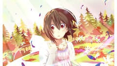 Grass brown tears red eyes blush anime girls short hair forests 