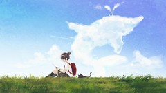 Grass clouds cats anime girls brunettes school uniforms 