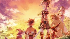 Grass clouds hats armor anime girls short hair animal ears 