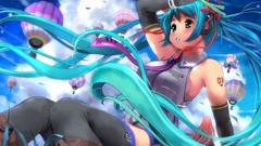 Grass clouds headphones Balloons gloves Ribbons sitting 