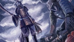 Grass clouds rain weapons Katana samurai hats armor red eyes 