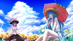 Grass clouds Sunflowers Umbrellas hats blue hair long hair 
