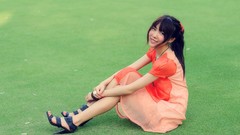 Grass eyes woman Japanese faces sitting asians models black 