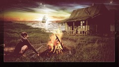 Grass fire Aircraft houses skies campfire