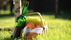 Grass grapes picnic fruits bottles baskets