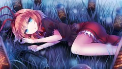 Grass Ribbons lanterns bows blondes skirts anime girls blue 