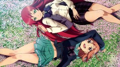 Grass skirts smiling anime girls green eyes school uniforms 