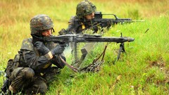 Grass weapons Guns Army soldiers shooting military wet German 