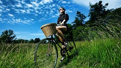 Grass woman Bicycles sunglasses baskets HDR Photography blue 