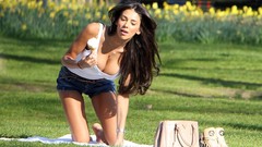 Grass woman ice cream Parks purses brunettes cleavage denim 