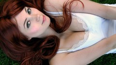 Grass woman lips green eyes redheads cleavage Nemo Valkyrja