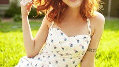 Grass woman smiling redheads girls in nature sundress hair 
