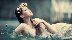 Grass woman white dress flower crowns