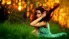 Grass yellow sun Green woman dress brunettes blender forests