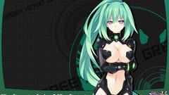 Gray background anime girls ponytails green hair purple eyes 