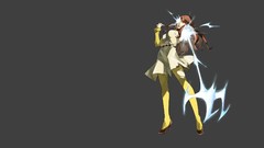 Gray background grin red eyes coat beams action belts long hair 