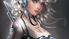 Gray woman white hair mechanical long hair glowing blue eyes 