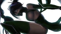 Green eyes black hair League of Legends thigh highs Akali