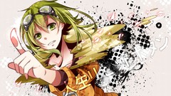 Green eyes goggles vocaloid green hair pointing Megpoid Gumi
