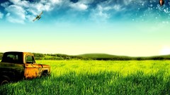 Green old pasture trucks digital art fantasy art