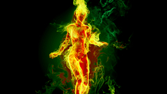 Green woman red fire