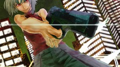 Guns Canaan red eyes pistols buildings smiling bare shoulders 