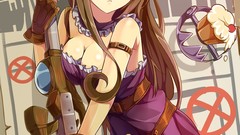 Guns dress hats anime girls brunettes violet eyes cleavage 