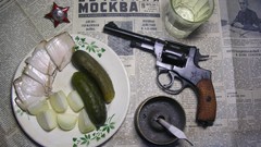 Guns food plates newspapers dinner Russia Russian still life 
