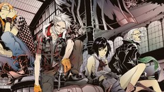Guns Katana Anime glasses white hair red eyes Ribbons jackets 