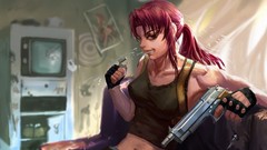 Guns lighter grin navel Cigarettes red eyes sitting holster 