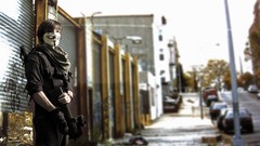 Guns masks streets Anonymous Guy Fawkes post-apocalyptic P90