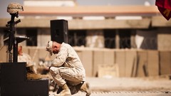 Guns Shoes soldiers helmets Marines blurred background kneeling 