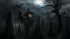 Halloween raven fantasy art moon scarecrows night spooky Trees