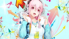 Happiness headphones red eyes arrows jackets hoodies pink hair 