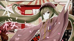 Hats brunettes hatsune miku bangs green hair arms raised wide 