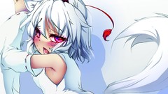 Hats fangs saliva white hair red eyes skirts blush anime girls 