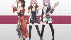 Hats guitars anime girls boots brown eyes brunettes school 