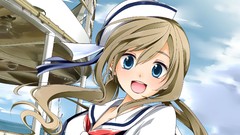 Hats outdoors blondes long hair anime girls blue eyes skies 