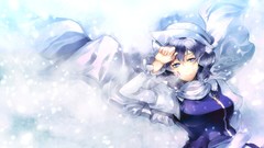 Hats scarfs blue hair anime girls short hair touhou purple eyes 