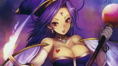 Hats staff red eyes anime girls bare shoulders purple hair 