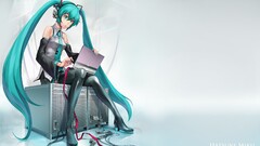 hatsune miku computer wires laptop sitting anime girls blue hair