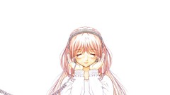 Headphones Anime pink hair closed eyes Simple Background Onegai 