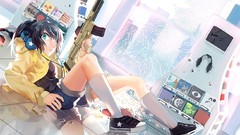 Headphones Anime Shorts anime girls short hair black hair 