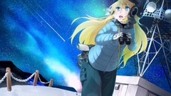 Headphones binoculars blondes long hair anime girls blue eyes 