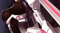 Headphones black background armor long hair anime girls green 