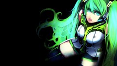 Headphones black background stockings long hair anime girls 