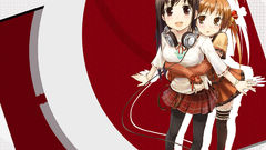 Headphones brunettes red skirts