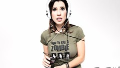 Headphones brunettes standing Simple Background hazel eyes 